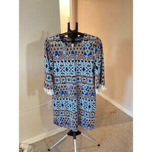 J. McLaughlin Blue & Brown Geometric 3/4 Sleeve Shift Dress with Tassels Size L
